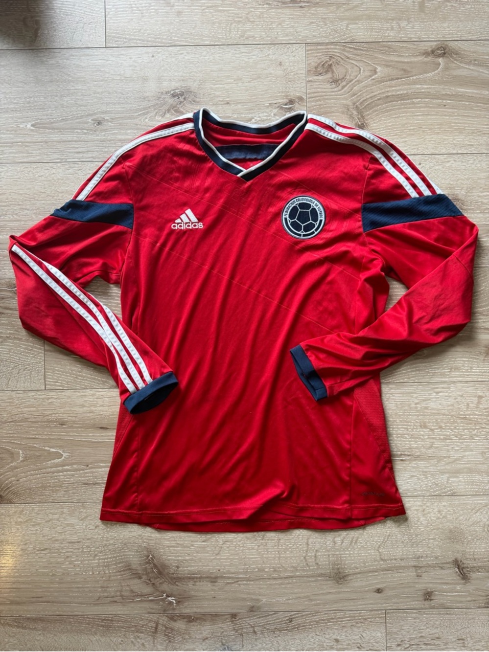 adidas Colombia Red Long-Sleeve Football Jersey with Navy Trim